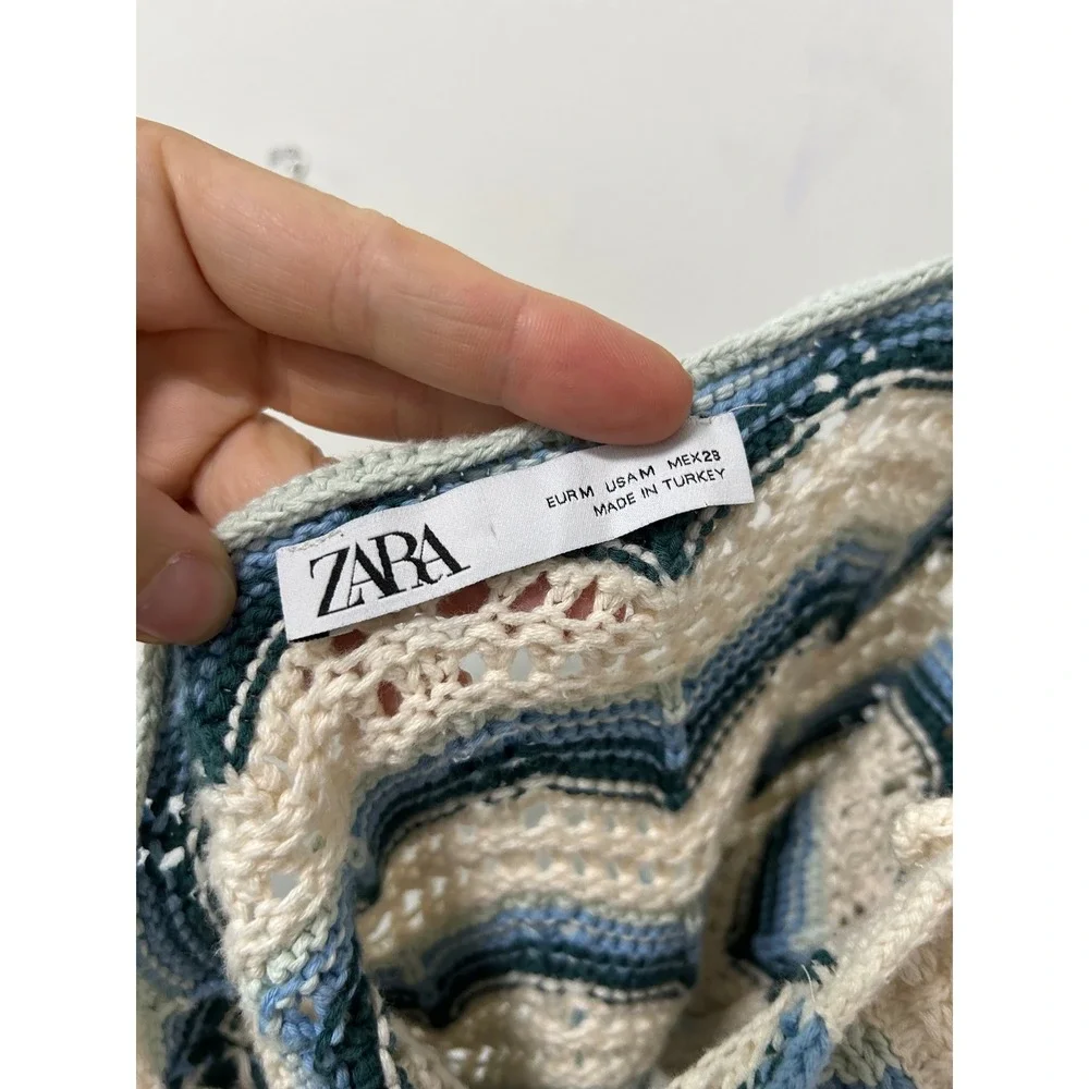Zara Chevron Crochet Crop Top Womens Med Blue Cream Boho Zigzag Hippie